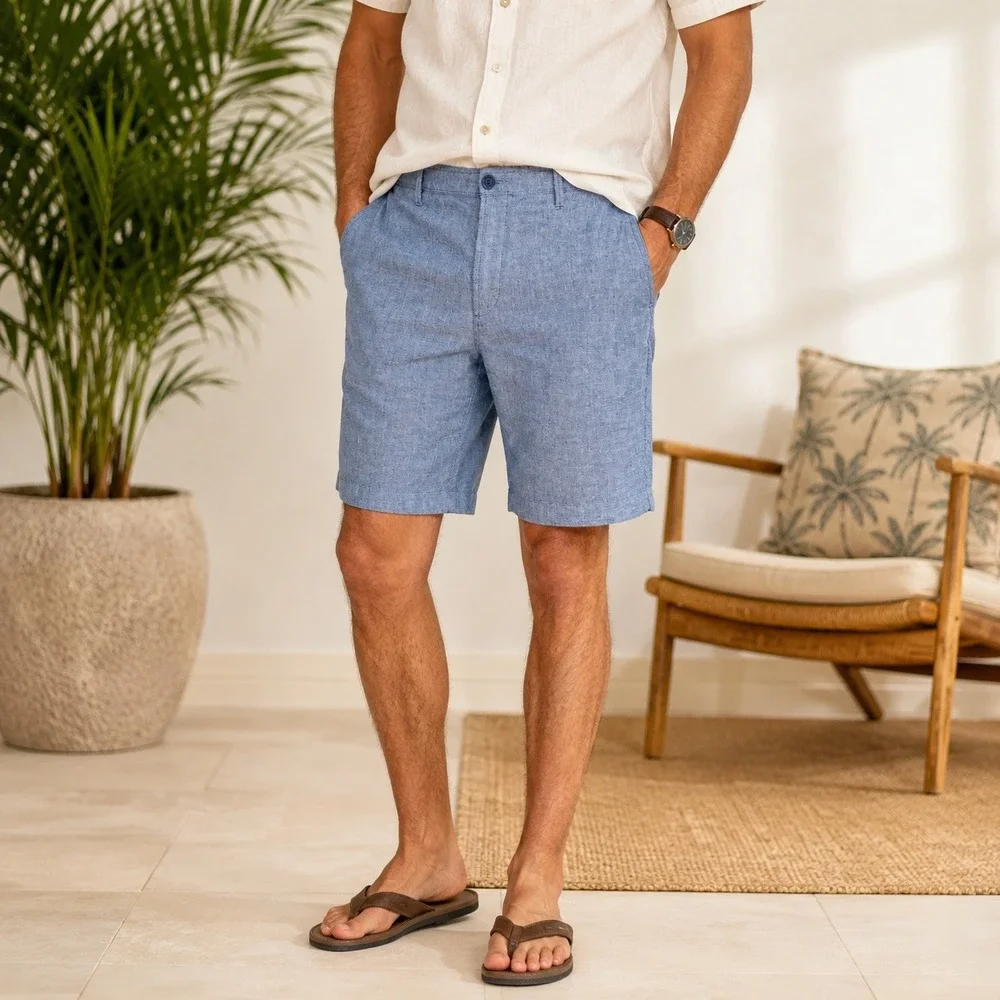 Tommy Bahama Mens 36 Blue Linen Blend Chambray Shorts Flat Front Resort Casual